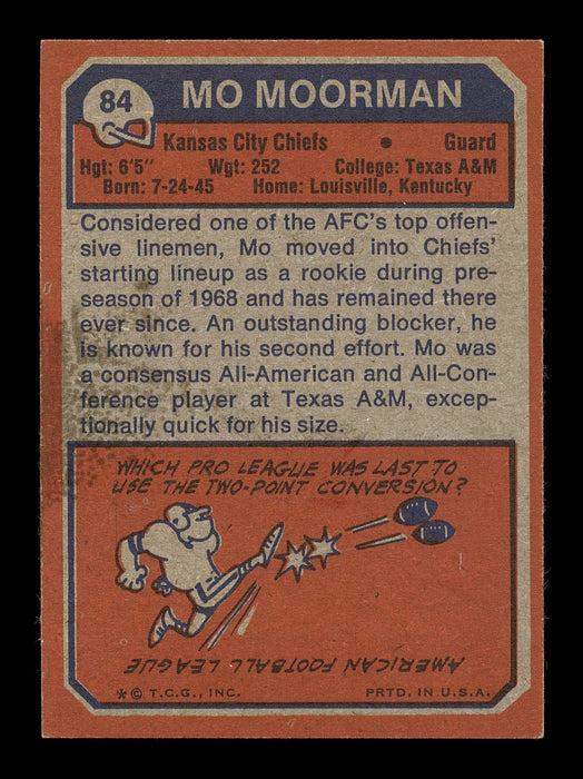 Mo Moorman Autographed 1973 Topps Card #84 Kansas City Chiefs SKU #176203 - RSA