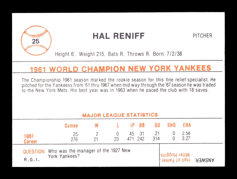 Hal Reniff Autographed 1986 1961 New York Yankees Renata Galasso Black & White Card #28 SKU #176212 - RSA