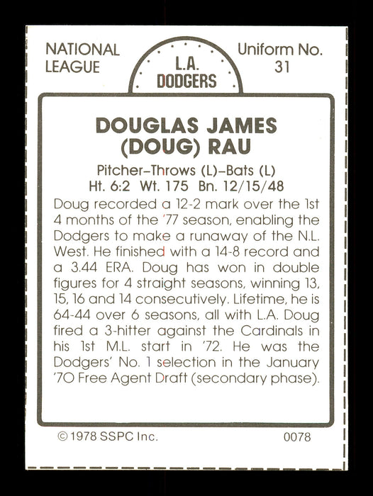 Doug Rau Autographed 1978 SSPC Card #78 Los Angeles Dodgers SKU #172281 - RSA