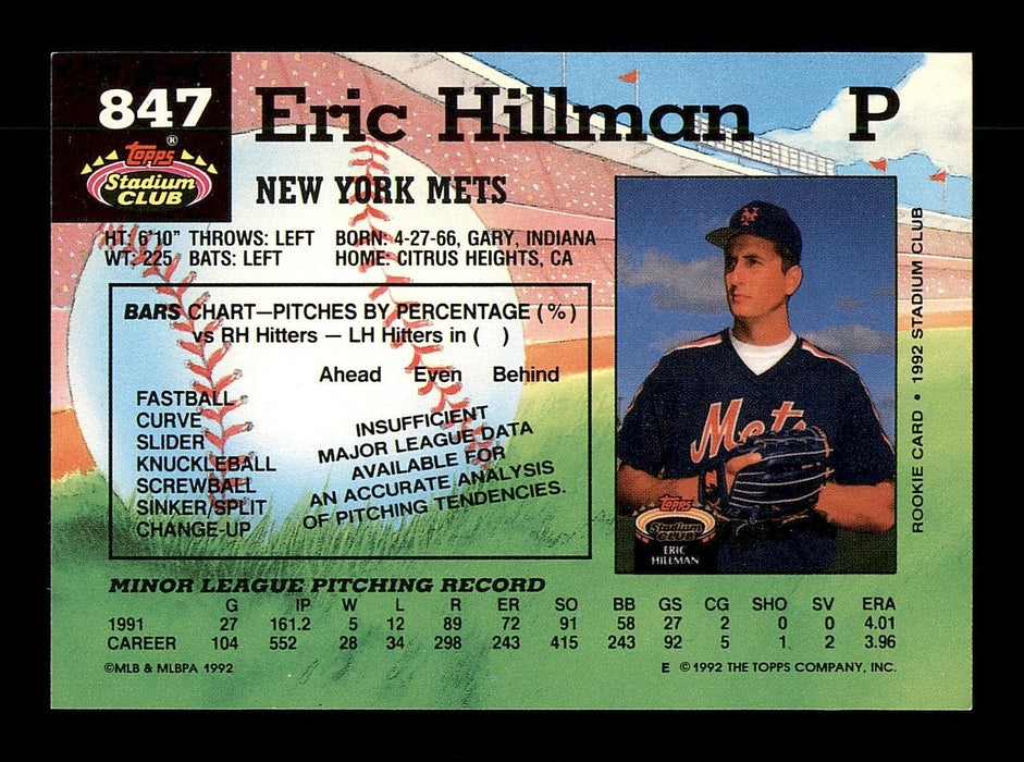 Eric Hillman Autographed 1992 Stadium Club Card #847 New York Mets SKU #183871 - RSA