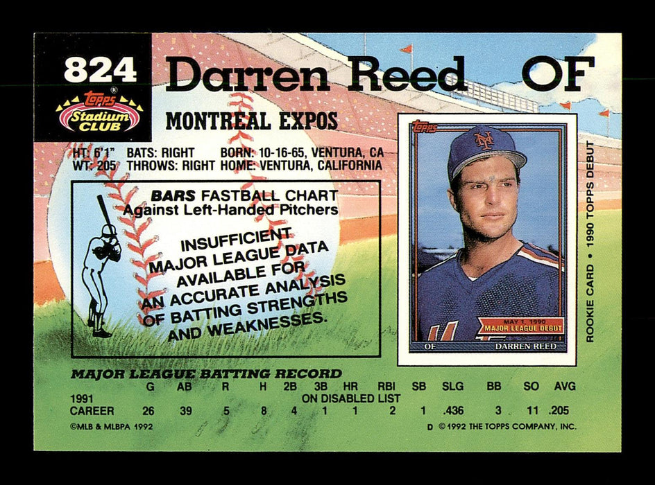 Darren Reed Autographed 1992 Stadium Club Card #824 Montreal Expos SKU #183874 - RSA