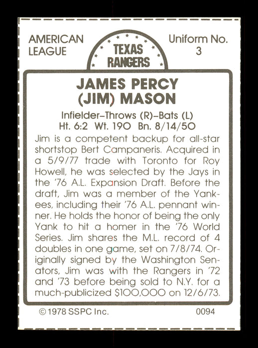 Jim Mason Autographed 1978 SSPC Card #94 Texas Rangers SKU #172293 - RSA