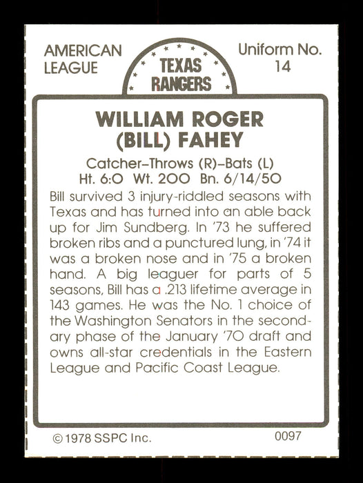 Bill Fahey Autographed 1978 SSPC Card #97 Texas Rangers SKU #172294 - RSA