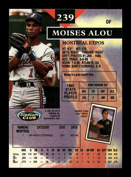 Moises Alou Autographed 1993 Stadium Club Rookie Card #239 Montreal Expos SKU #183885 - RSA