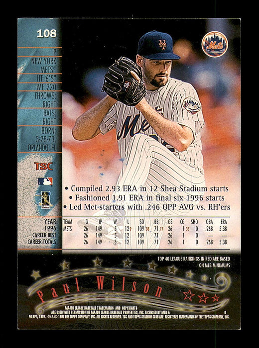 Paul Wilson Autographed 1997 Stadium Club Card #108 New York Mets SKU #183889 - RSA