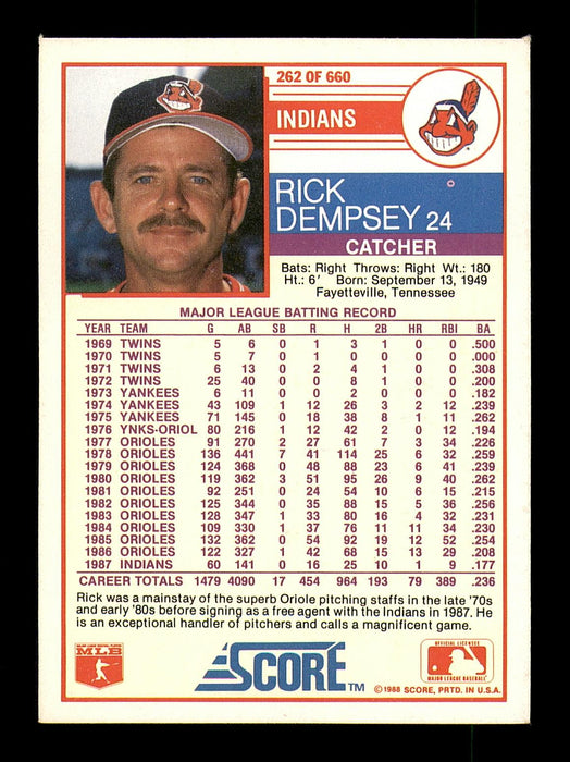 Rick Dempsey Autographed 1988 Score Card #262 Cleveland Indians SKU #183892 - RSA
