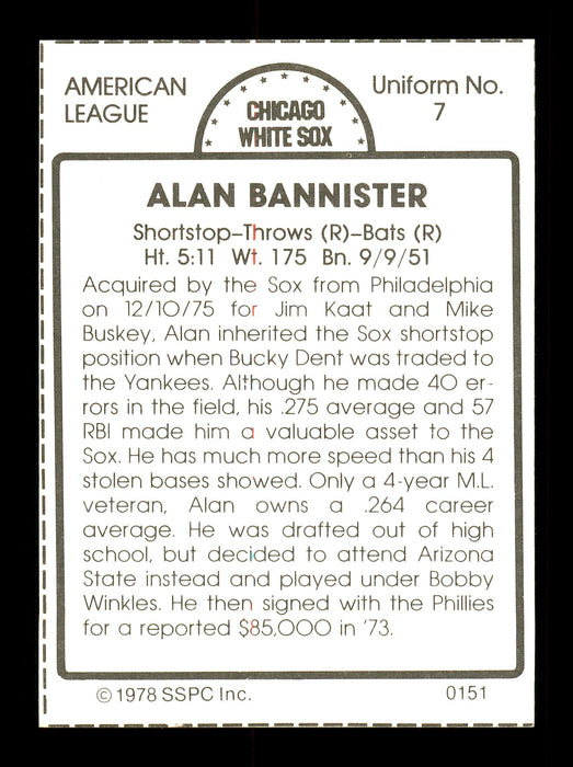 Alan Bannister Autographed 1978 SSPC Card #151 Chicago White Sox SKU #172320 - RSA