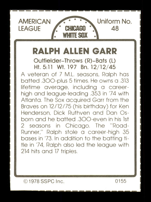 Ralph Garr Autographed 1978 SSPC Card #155 Chicago White Sox SKU #172322 - RSA