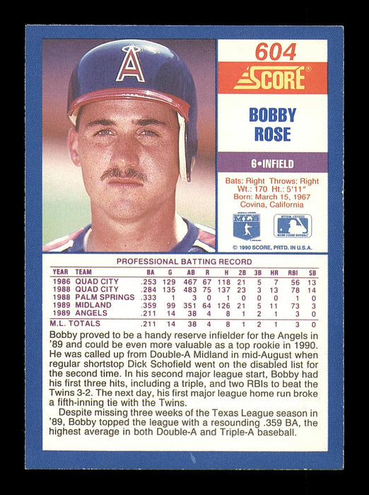 Bobby Rose Autographed 1990 Score Rookie Card #604 California Angels SKU #183914 - RSA