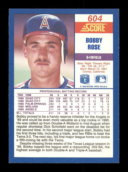 Bobby Rose Autographed 1990 Score Rookie Card #604 California Angels SKU #183915 - RSA