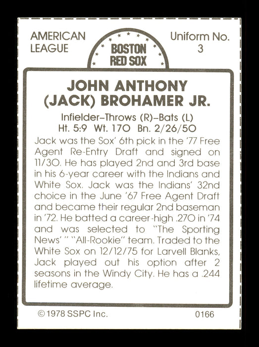 Jack Brohamer Autographed 1978 SSPC Card #166 Boston Red Sox SKU #172330 - RSA