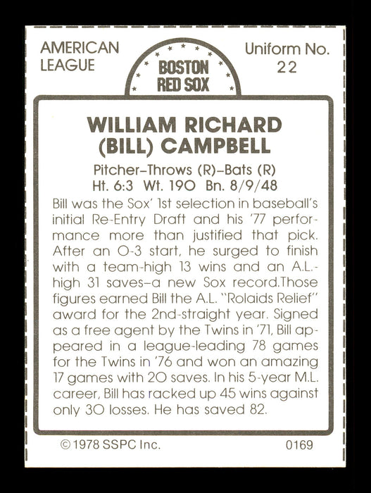 Bill Campbell Autographed 1978 SSPC Card #169 Boston Red Sox SKU #172332 - RSA