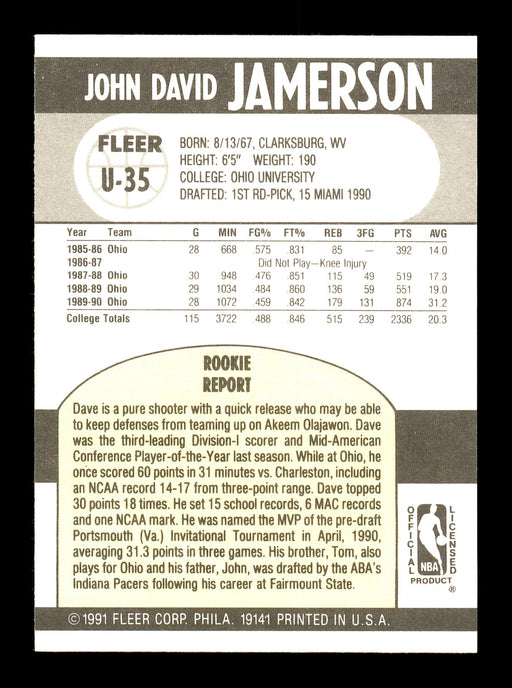 Dave Jamerson Autographed 1990-91 Fleer Update Rookie Card #U-35 Houston Rockets SKU #167489 - RSA