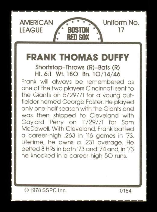 Frank Duffy Autographed 1978 SSPC Card #184 Boston Red Sox SKU #172339 - RSA