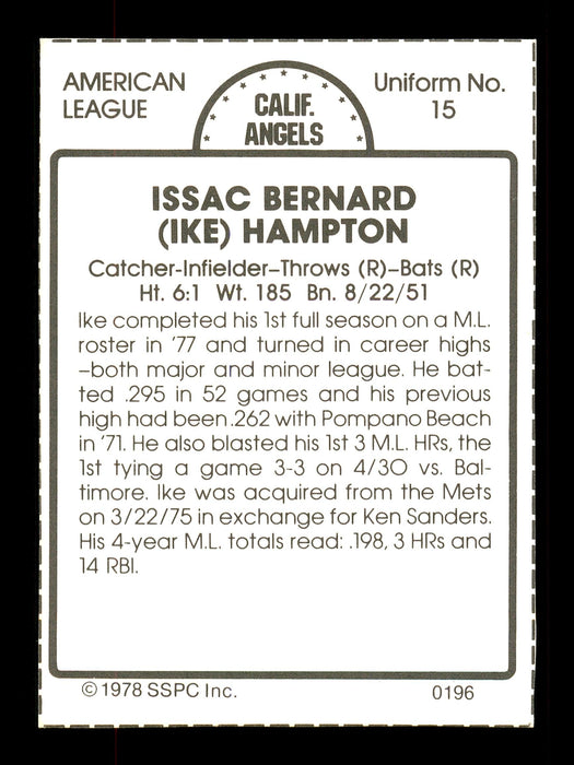 Ike Hampton Autographed 1978 SSPC Card #196 California Angels SKU #172347 - RSA