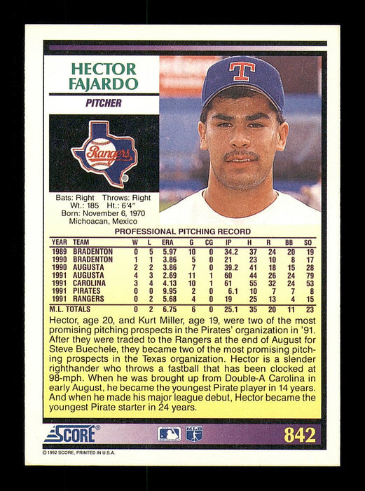 Hector Fajardo Autographed 1992 Score Rookie Card #842 Texas Rangers SKU #183942 - RSA