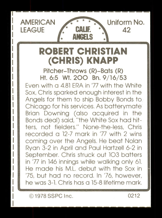 Chris Knapp Autographed 1978 SSPC Card #212 California Angels SKU #172356 - RSA