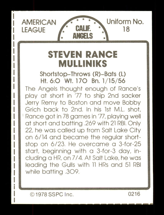 Rance Mulliniks Autographed 1978 SSPC Card #216 California Angels SKU #172358 - RSA
