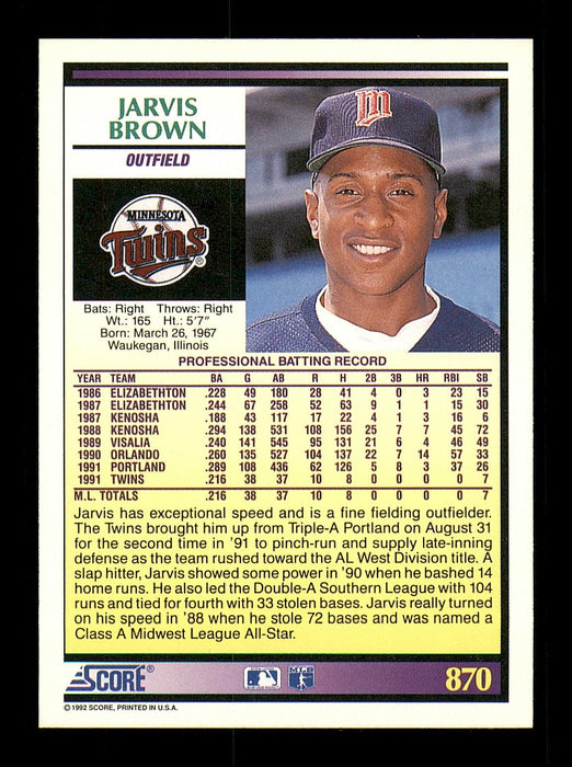Jarvis Brown Autographed 1992 Score Rookie Card #870 Minnesota Twins SKU #183947 - RSA