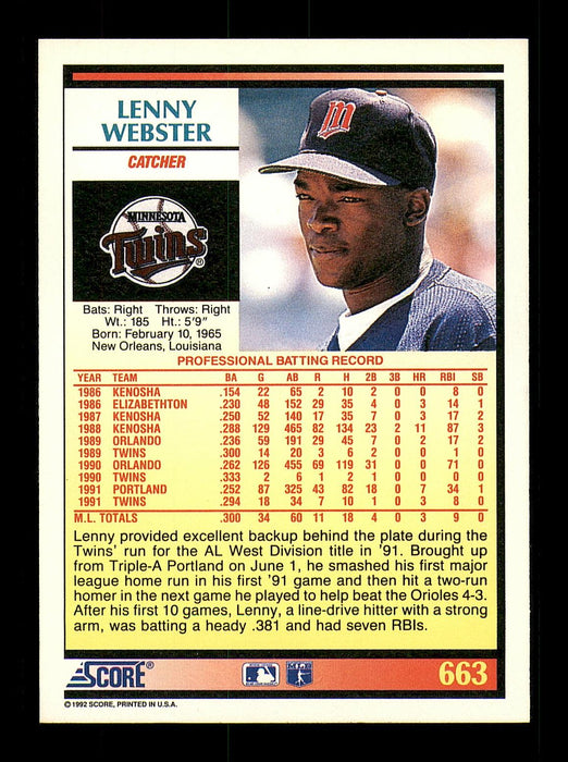 Lenny Webster Autographed 1992 Score Card #663 Minnesota Twins SKU #183951 - RSA