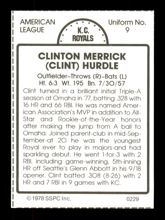 Clint Hurdle Autographed 1978 SSPC Card #229 Kansas City Royals SKU #172366 - RSA