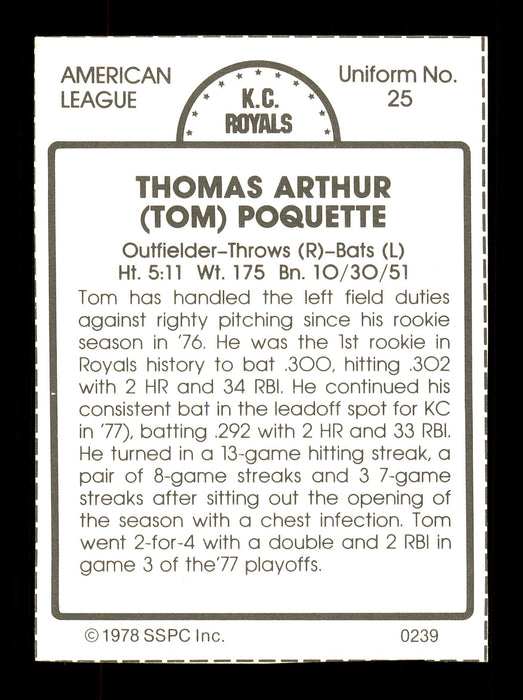 Tom Poquette Autographed 1978 SSPC Card #239 Kansas City Royals SKU #172374 - RSA