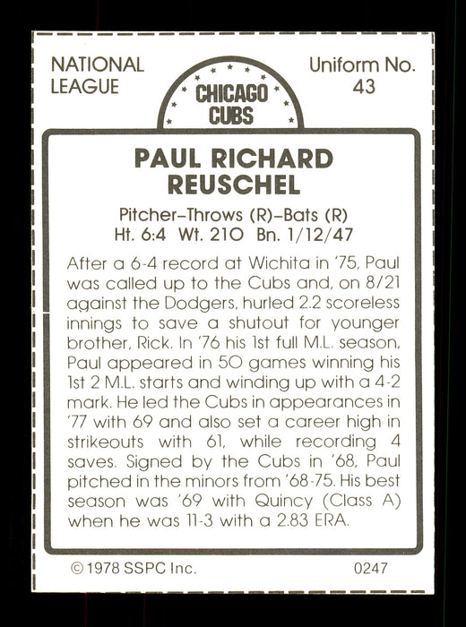 Paul Reuschel Autographed 1978 SSPC Card #247 Chicago Cubs SKU #172380 - RSA