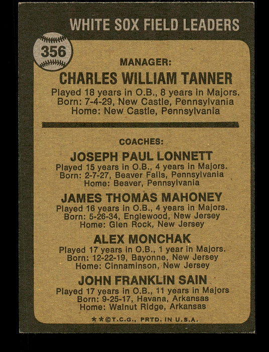 Chuck Tanner & Johnny Sain Autographed 1973 Topps Card #356 Chicago White Sox SKU #167570 - RSA