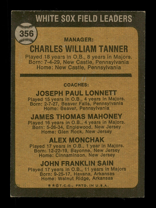 Chuck Tanner & Joe Lonnett Autographed 1973 Topps Card #356 Chicago White Sox SKU #167572 - RSA