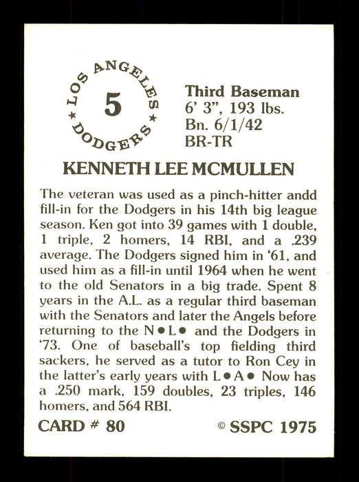 Ken McMullen Autographed 1975 SSPC Card #80 Los Angeles Dodgers SKU #172418 - RSA