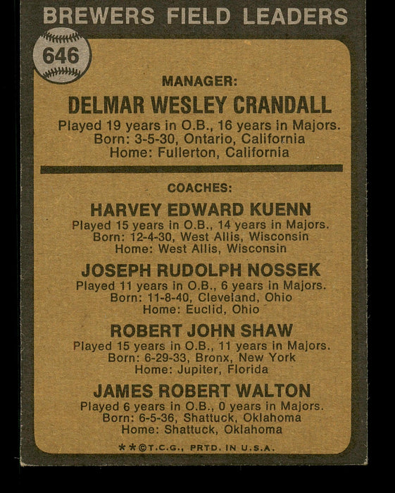 Del Crandall & Bob Shaw Autographed 1973 Topps Card #646 Milwaukee Brewers High Number SKU #167585 - RSA