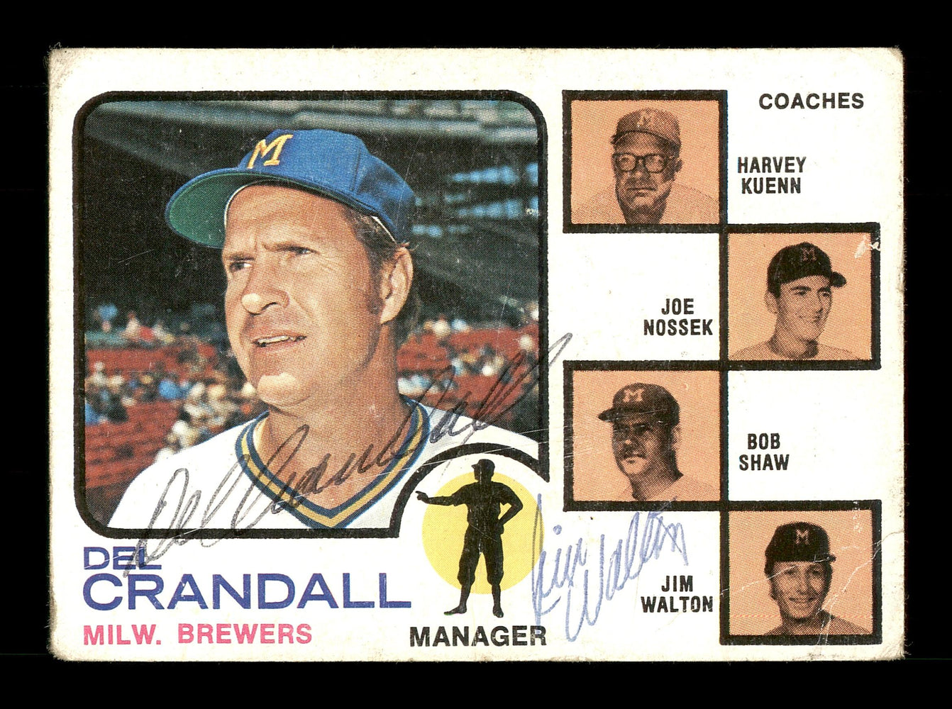 Del Crandall & Jim Walton Autographed 1973 Topps Card #646 Milwaukee Brewers High Number SKU #167586 - RSA