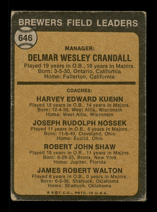 Del Crandall & Jim Walton Autographed 1973 Topps Card #646 Milwaukee Brewers High Number SKU #167586 - RSA