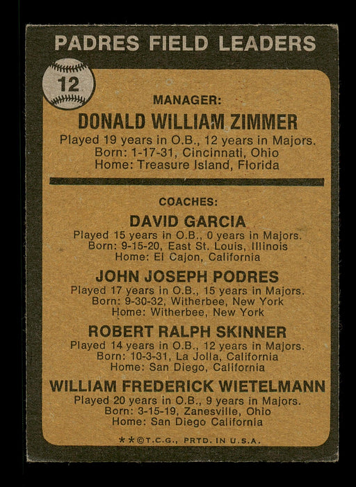 Whitey Wietelmann & Dave Garcia Autographed 1973 Topps Card #12 San Diego Padres SKU #167592 - RSA