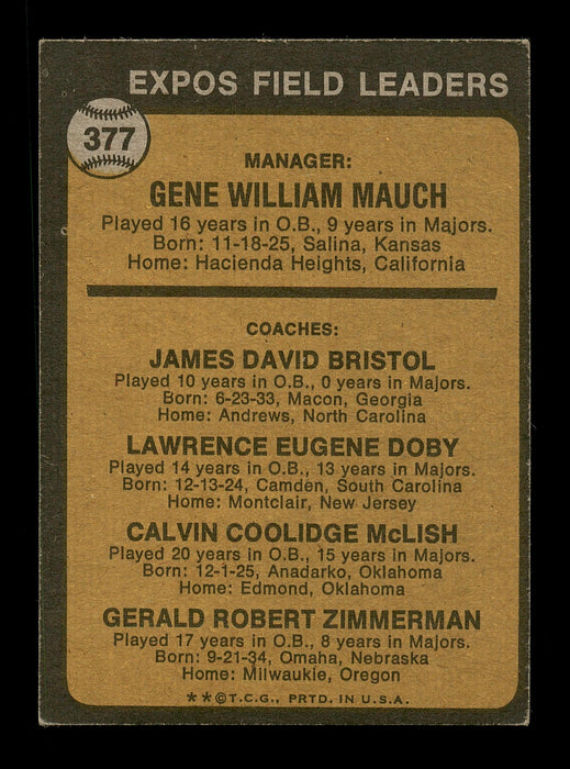 Gene Mauch & Dave Bristol Autographed 1973 Topps Card #377 Montreal Expos SKU #167599 - RSA
