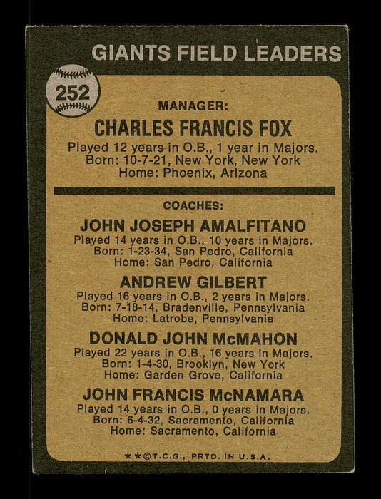 Joe Amalfitano & John McNamara Autographed 1973 Topps Card #252 San Francisco Giants SKU #167603 - RSA