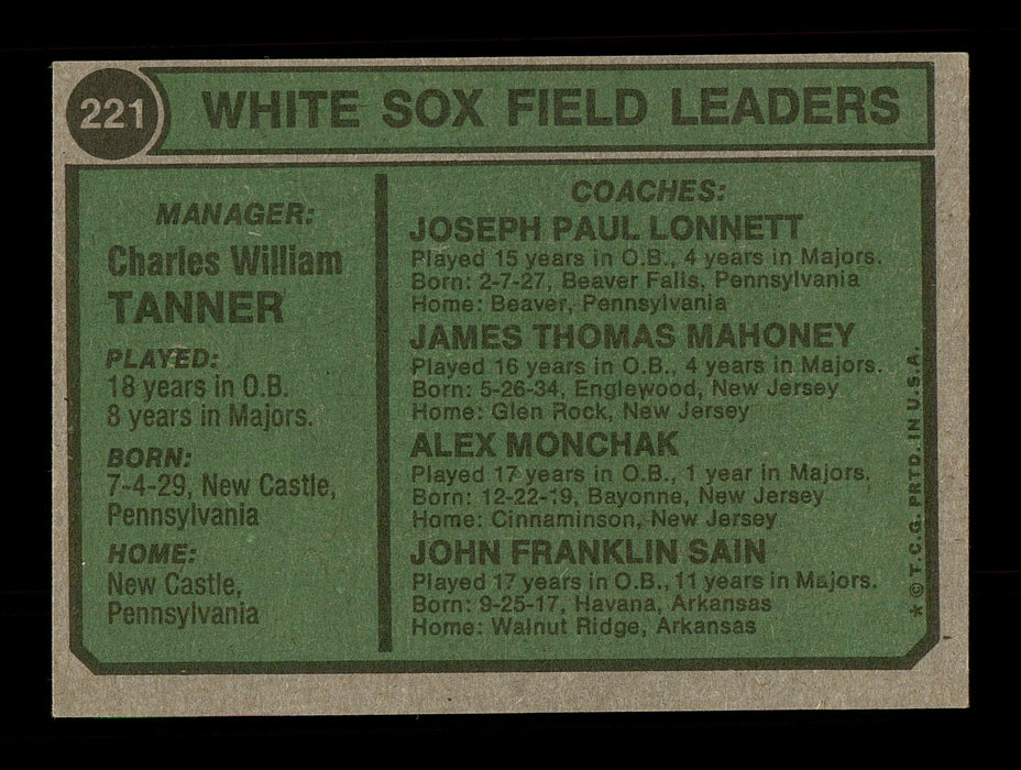 Alex Monchak & Joe Lonnett Autographed 1974 Topps Card #221 Chicago White Sox SKU #167624 - RSA