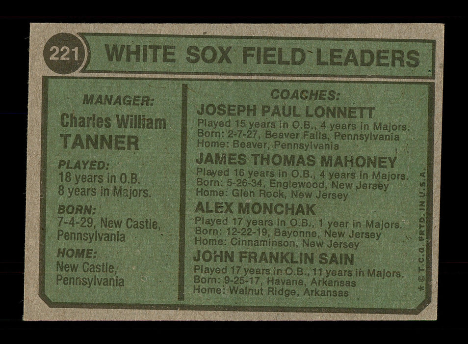 Johnny Sain & Alex Monchak Autographed 1974 Topps Card #221 Chicago White Sox SKU #167625 - RSA