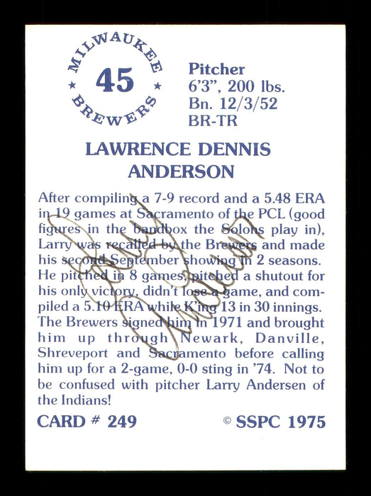 Larry Anderson Autographed 1975 SSPC Card #249 Milwaukee Brewers SKU #172475 - RSA