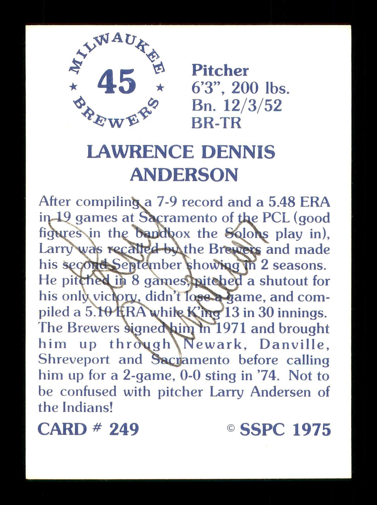 Larry Anderson Autographed 1975 SSPC Card #249 Milwaukee Brewers SKU #172475 - RSA