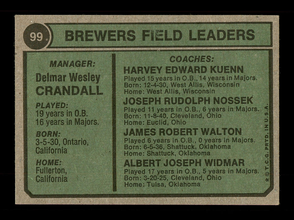 Del Crandall, Joe Nossek & Jim Walton Autographed 1974 Topps Card #99 Milwaukee Brewers SKU #167630 - RSA