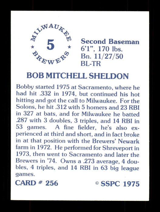 Bob Sheldon Autographed 1975 SSPC Rookie Card #256 Milwaukee Brewers SKU #172476 - RSA
