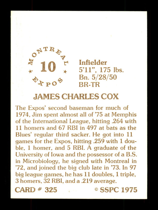 Jim Cox Autographed 1975 SSPC Card #325 Montreal Expos SKU #172495 - RSA