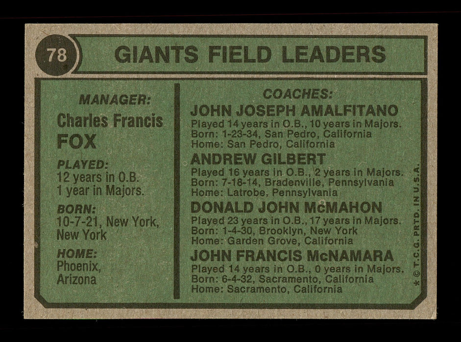 Charlie Fox & Joe Amalfitano Autographed 1974 Topps Card #78 San Francisco Giants SKU #167655 - RSA
