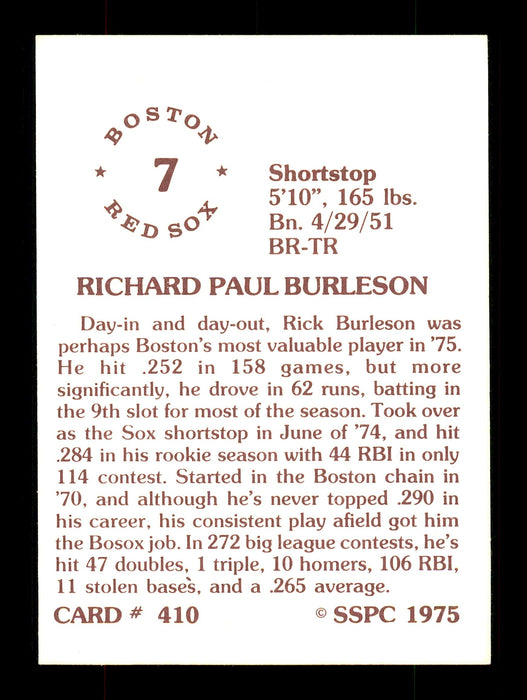 Rick Burleson Autographed 1975 SSPC Rookie Card #410 Boston Red Sox SKU #172513 - RSA
