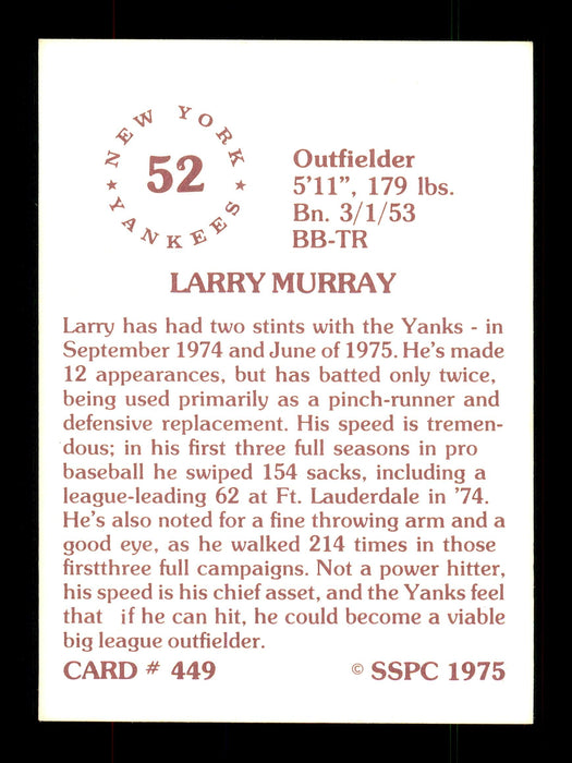 Larry Murray Autographed 1975 SSPC Rookie Card #449 New York Yankees SKU #172531 - RSA