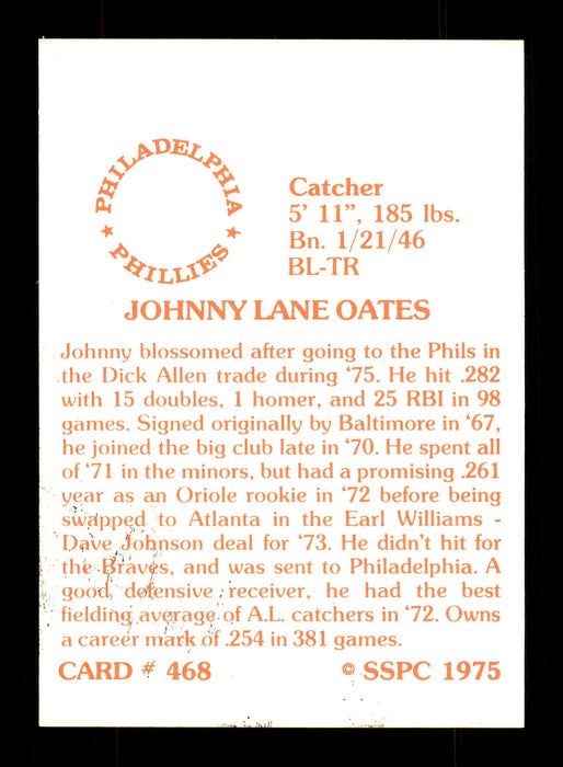 Johnny Oates Autographed 1975 SSPC Card #468 Philadelphia Phillies SKU #172540 - RSA