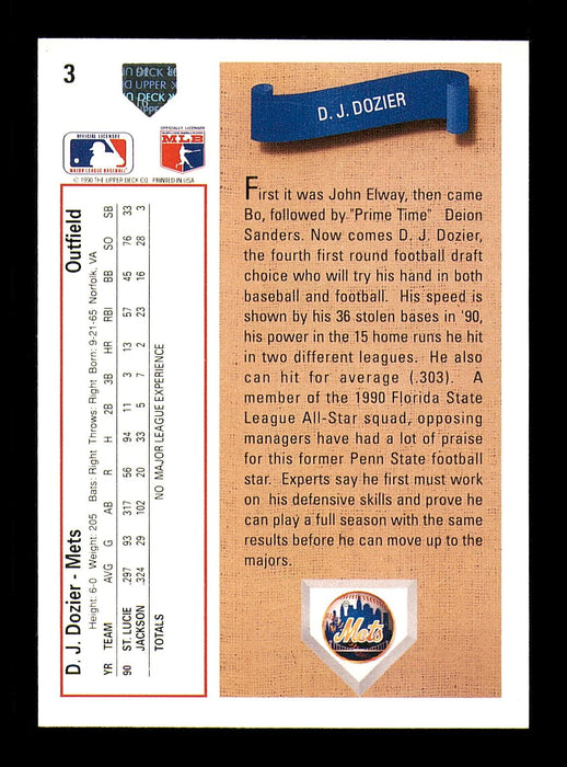 D.J. DJ Dozier Autographed 1991 Upper Deck Rookie Card #3 New York Mets SKU #184128 - RSA