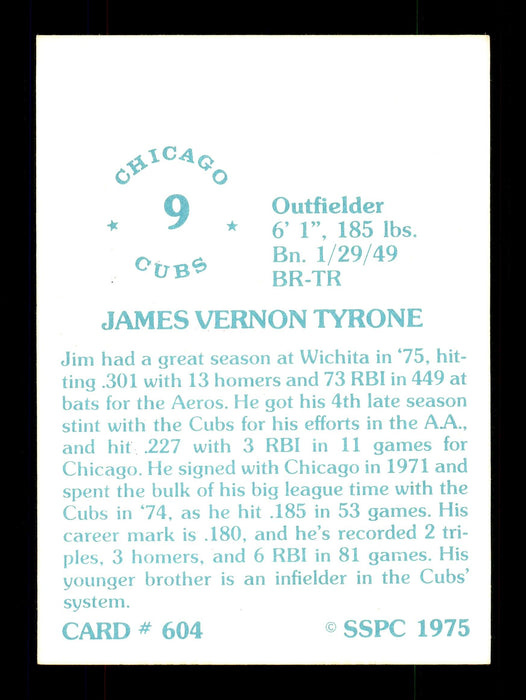 Jim Tyrone Autographed 1975 SSPC Card #604 Chicago Cubs SKU #172583 - RSA
