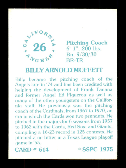 Billy Muffett Autographed 1975 SSPC Card #614 California Angels SKU #172586 - RSA